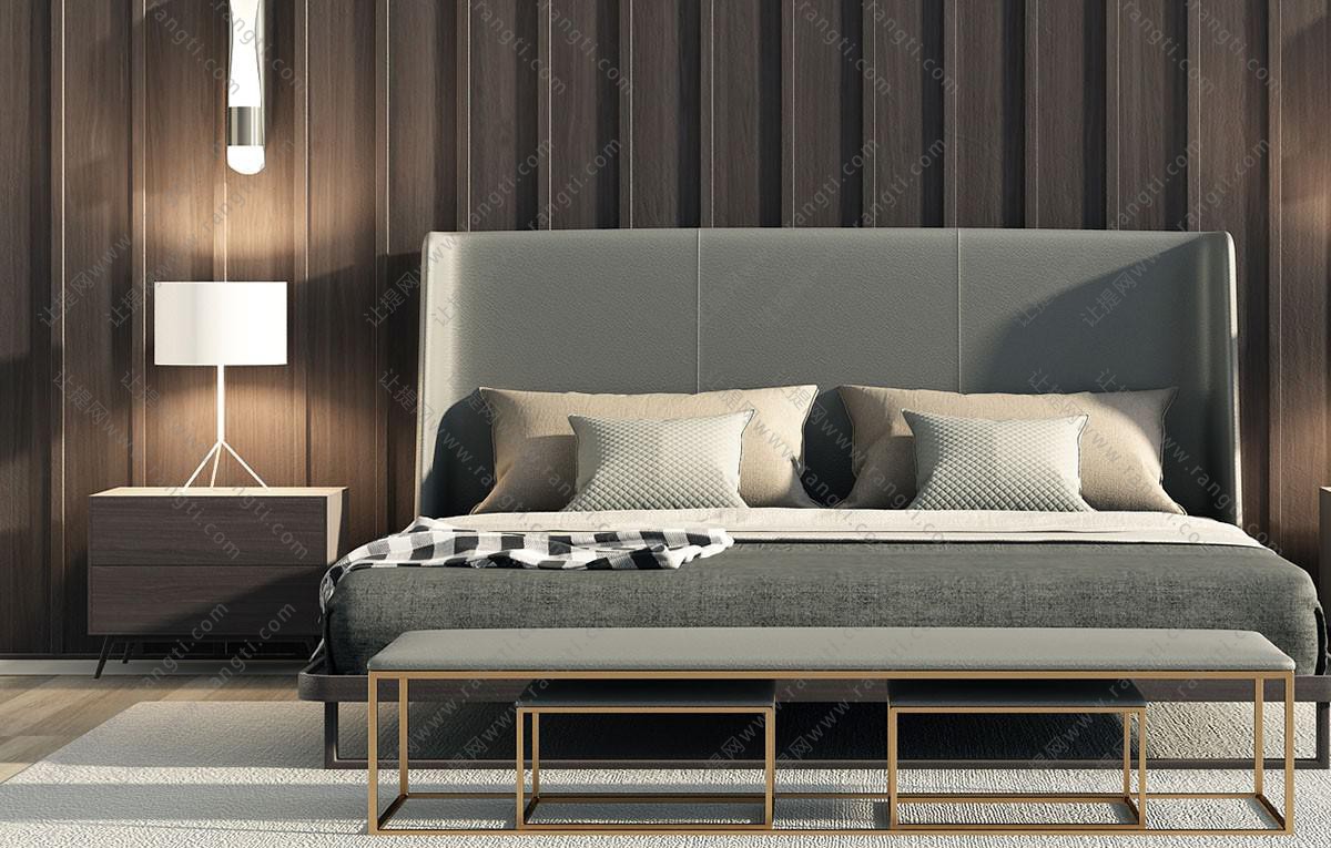 新中式床架浅灰色双人床、床头柜和壁灯