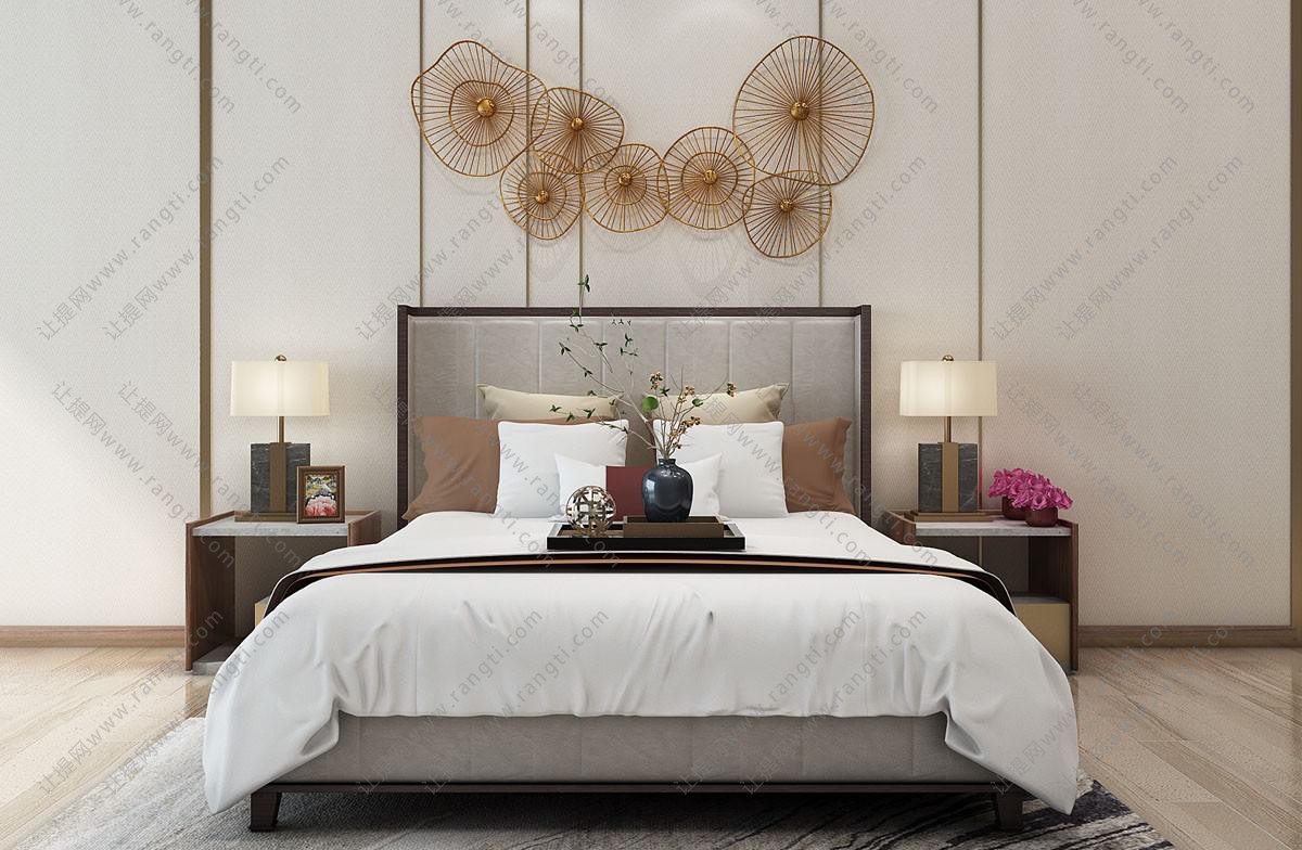 新中式软包床头双人床、墙饰茶盘
