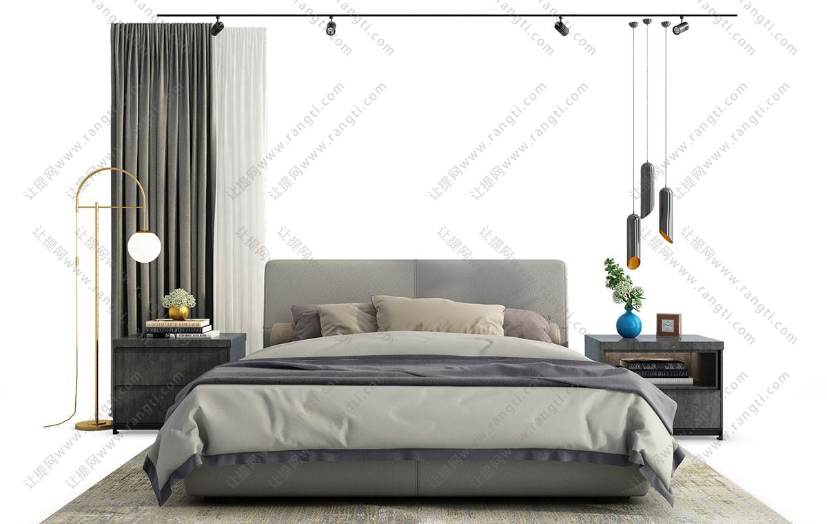 现代灰色软包床头双人床、落地灯