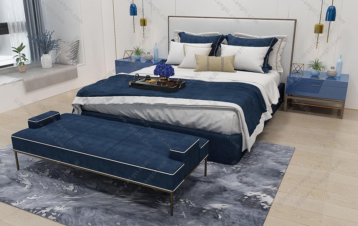 新中式轻奢双人床、蓝色床尾榻组合