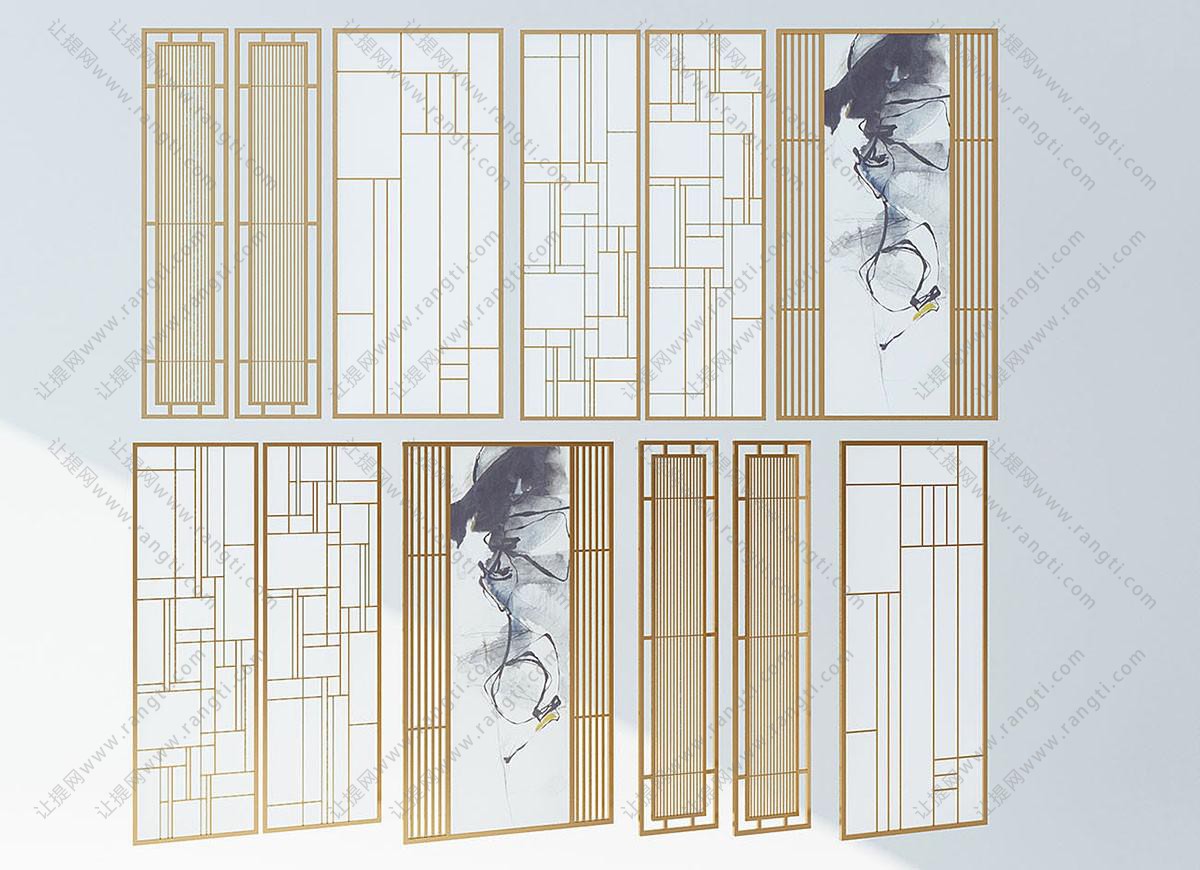 新中式金色栅格装饰水墨国画屏风隔断