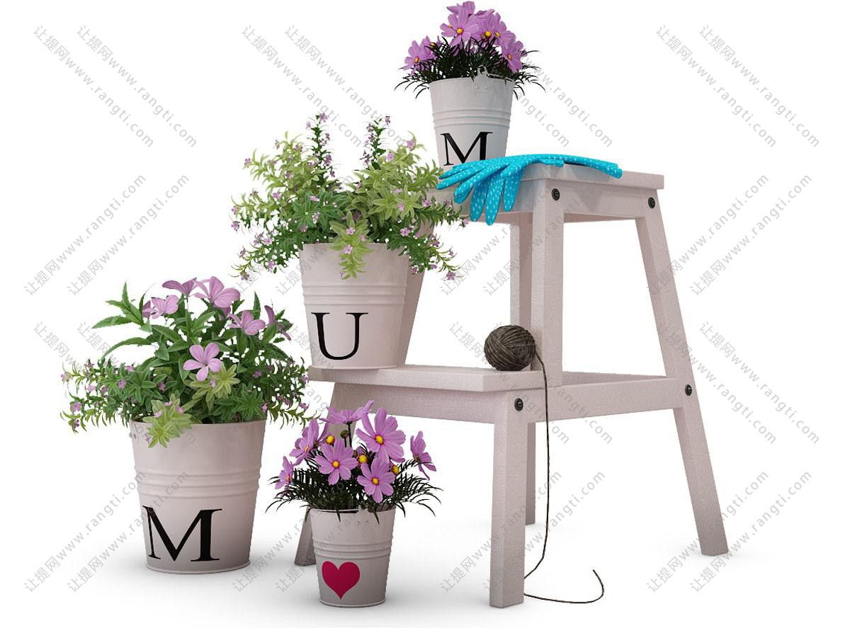 带字母的花盆、长春花盆栽植物