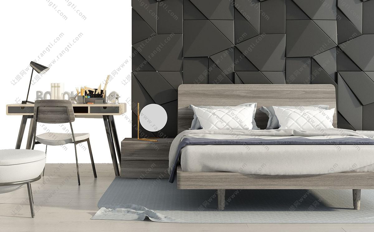 现代实木双人床、几何立体图形背景墙组合