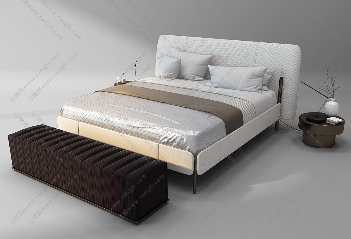 新中式布艺软包床头双人床、长方形坐墩