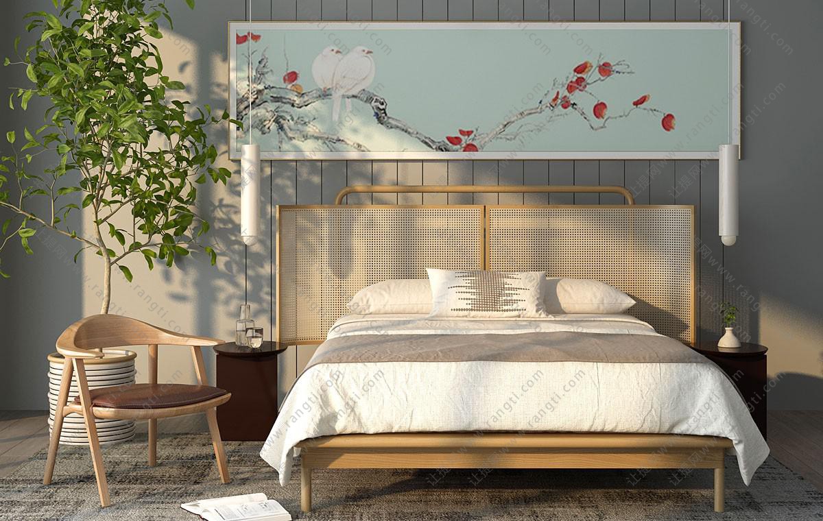 新中式网状床头双人床、实木圈椅组合