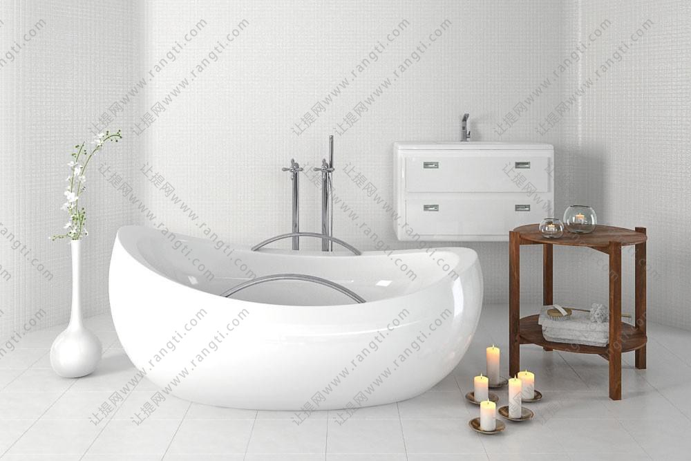 现代卫生间半圆形浴缸、边几和白色洗手台浴室柜