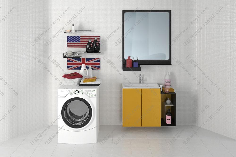 现代黄色洗手台浴室柜、方形镜面和洗衣机