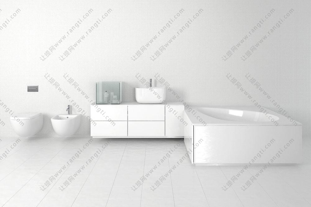 现代卫生间白色洗手台浴室柜、马桶和浴缸