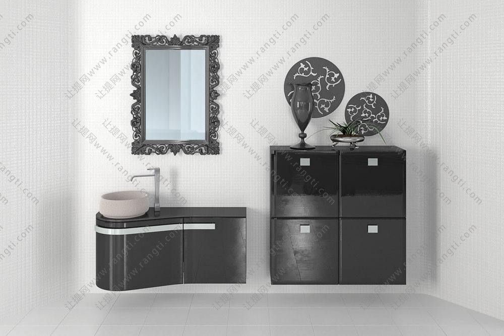 简欧黑色洗手台浴室柜、雕花镜面和墙面收纳柜
