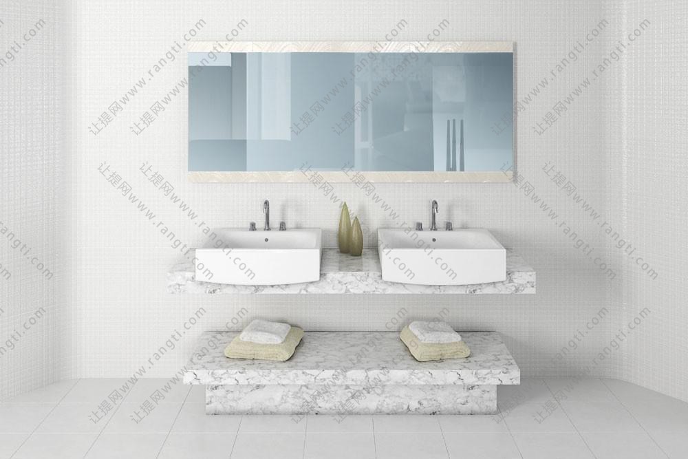 现代大理石双盆洗手台浴室柜、长方形镜子