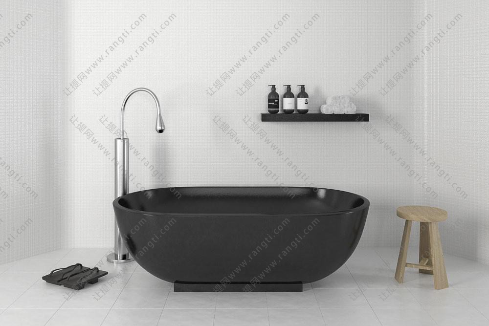 北欧黑色椭圆形浴缸、木凳