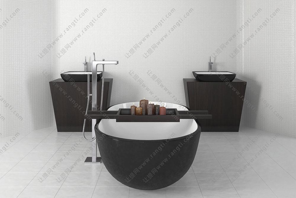 现代黑色台上洗手台、椭圆形浴缸