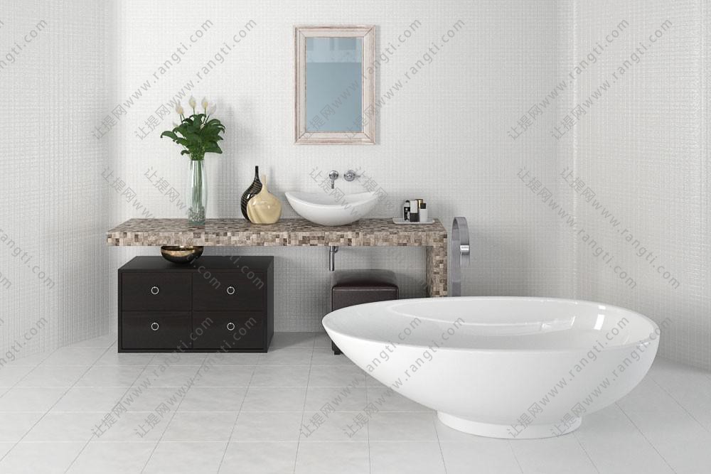 新中式白色陶瓷洗手台浴室柜和水滴状浴缸