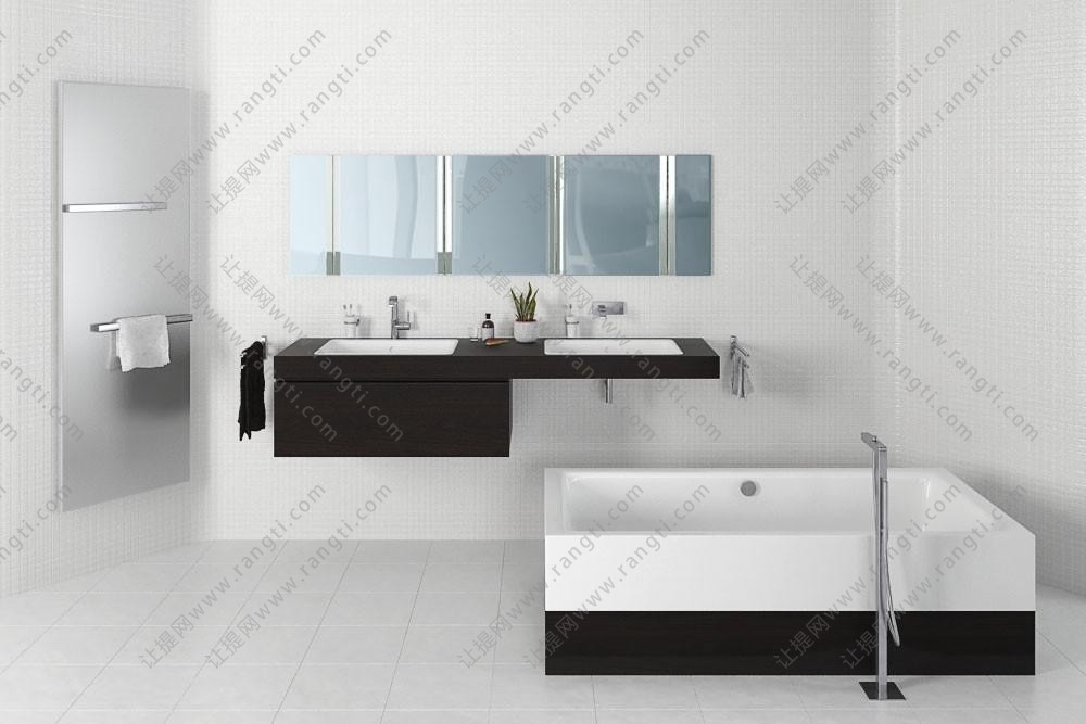现代卫生间双盆陶瓷洗手台浴室柜、方形浴缸