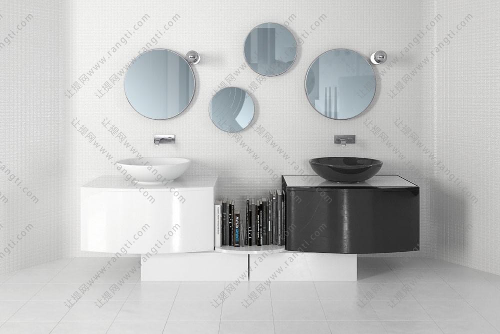 现代黑白两色洗手台浴室柜、圆镜