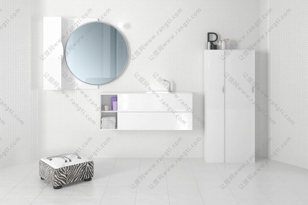 现代白色洗手台浴室柜、圆镜