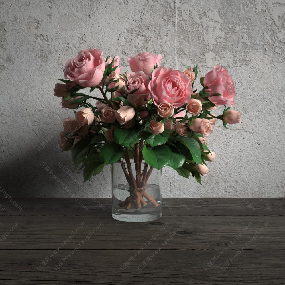 粉色玫瑰花瓶花卉3d模型下载 模型id 31686 让提网