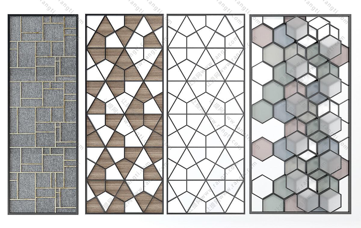 现代灰色镶金边、多彩六边形屏风隔断