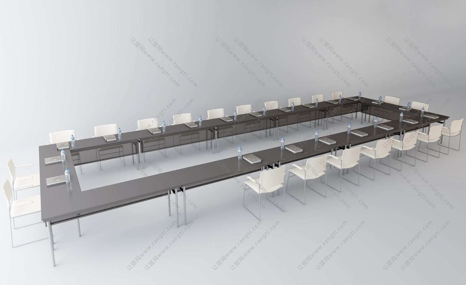 大型中间镂空会议桌椅、矿泉水组合