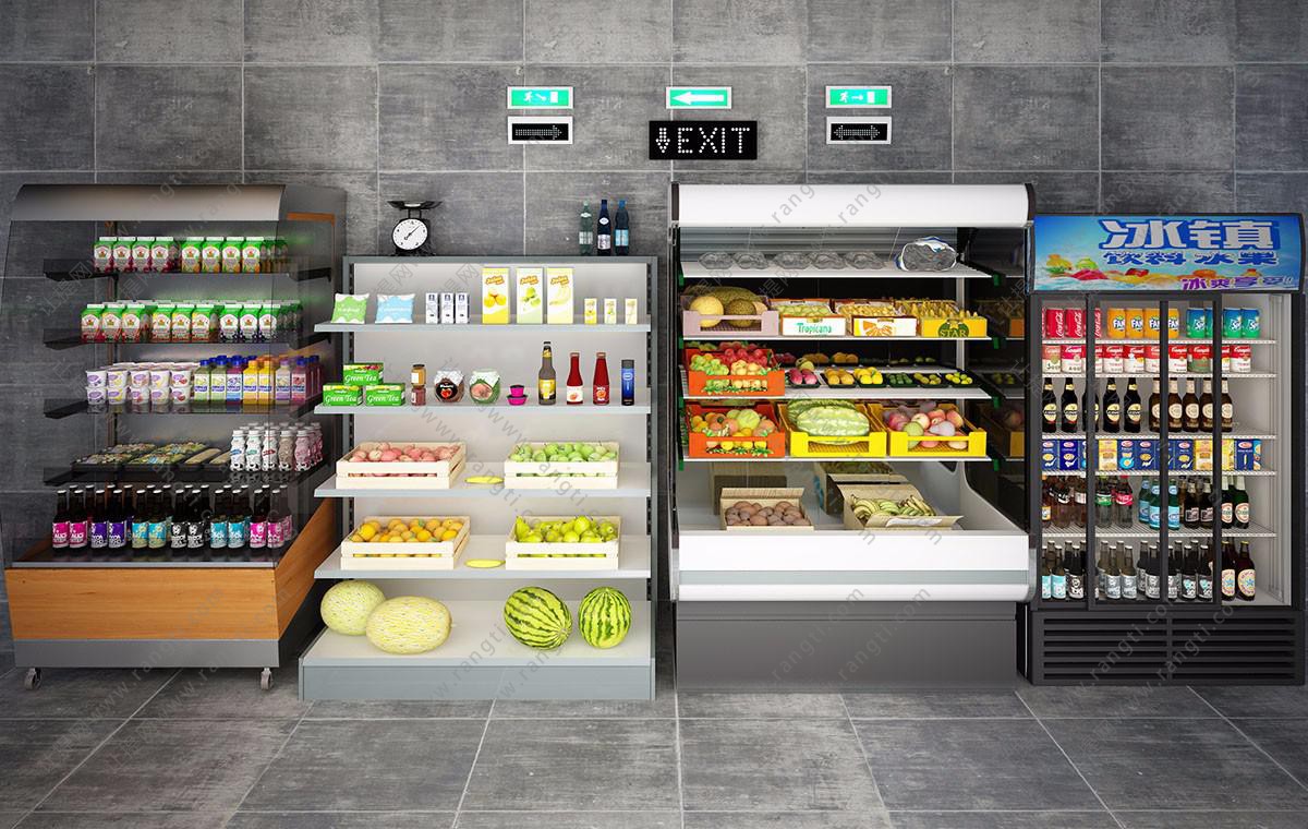 超市生鲜冷柜、水果、饮料货架组合