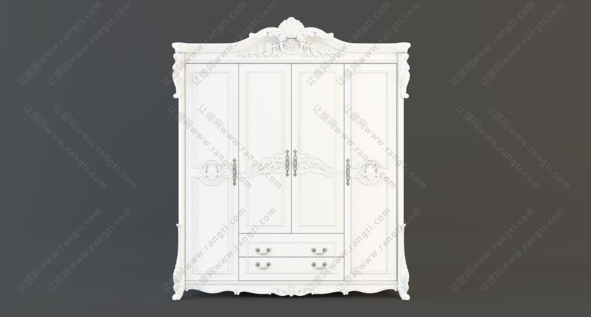 欧式白色实木顶部和底部雕花衣柜