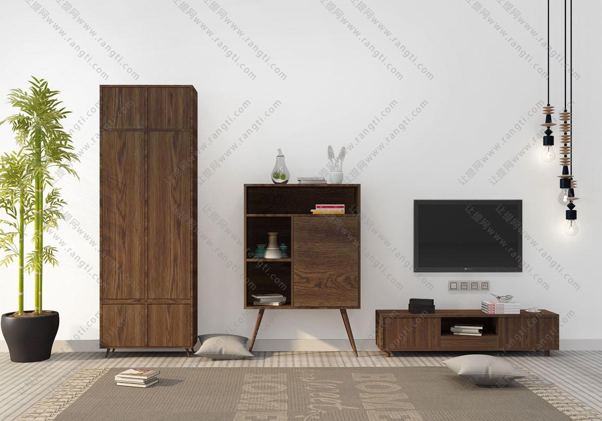 新中式实木纹理衣柜、高腿装饰柜和电视柜组合