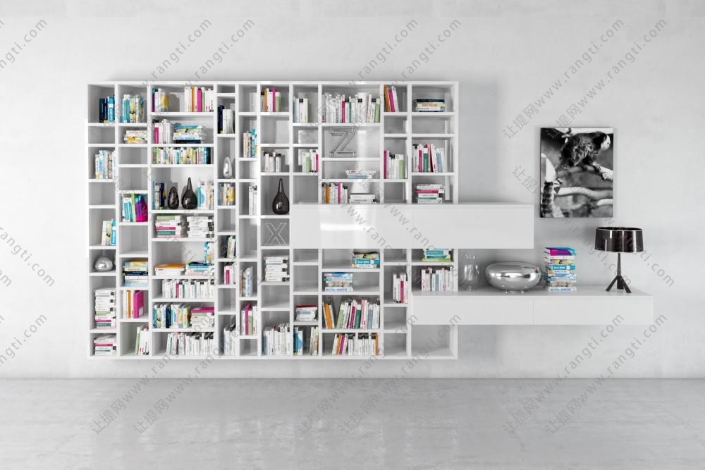 白色小方格墙面收纳书架、书籍
