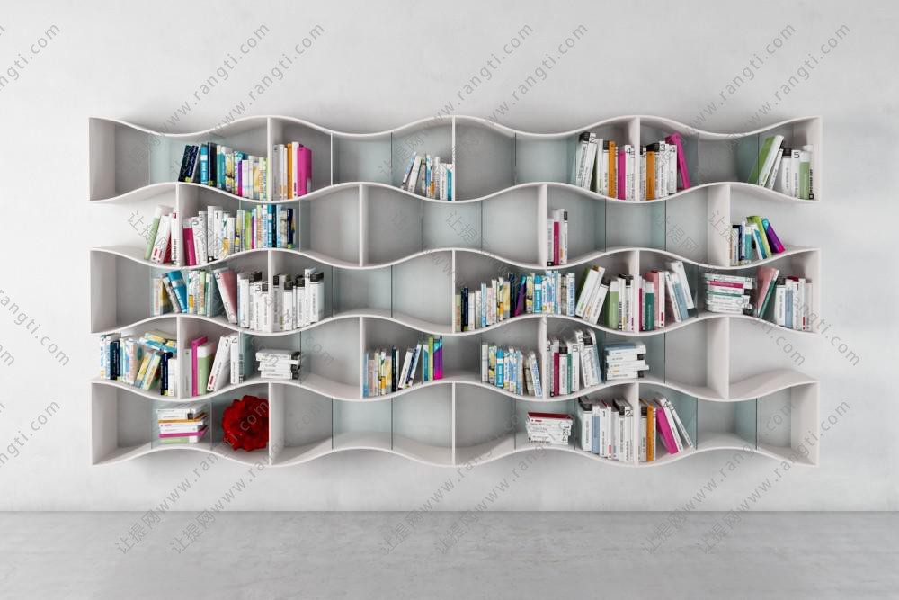 墙面波浪造型的书架、书籍