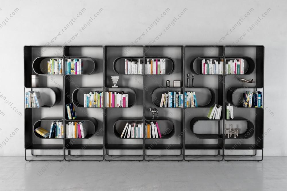 创意黑色金属拼接现代书架、书籍