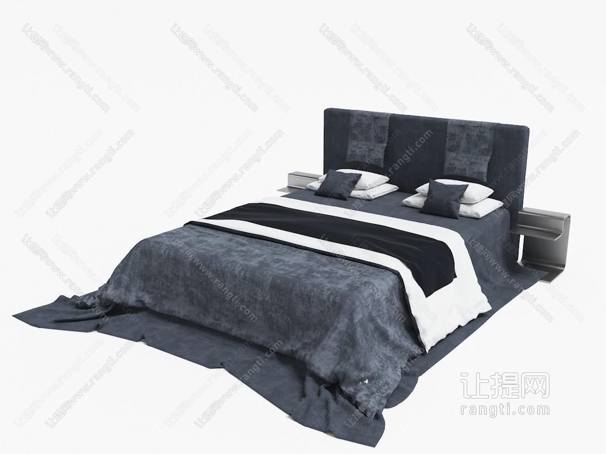 新中式带靠垫布艺床头的双人床