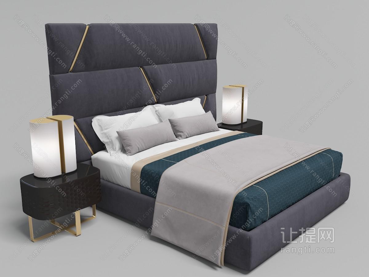 嵌入金属条软包床头的现代双人床、床头柜组合