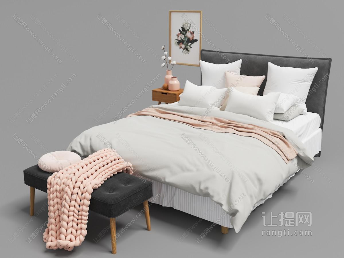 北欧灰色软包床头双人床、粉色编织盖毯和床尾凳