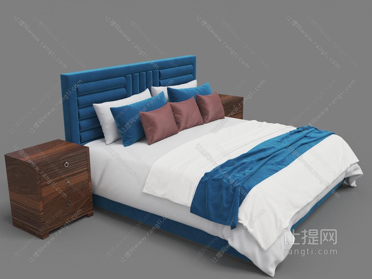 现代蓝色绒布床头双人床、实木床头柜
