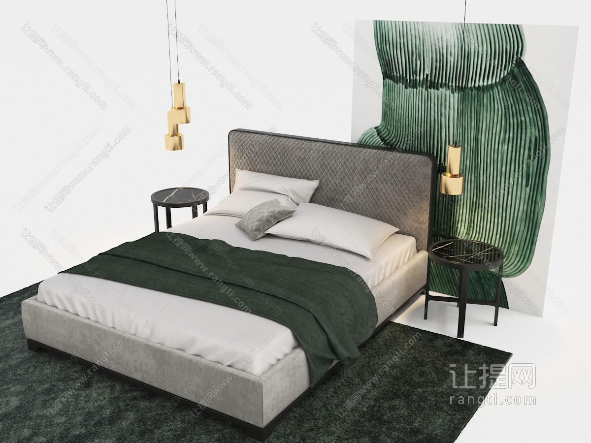 现代灰色床头双人床、金色床头吊灯和装饰画