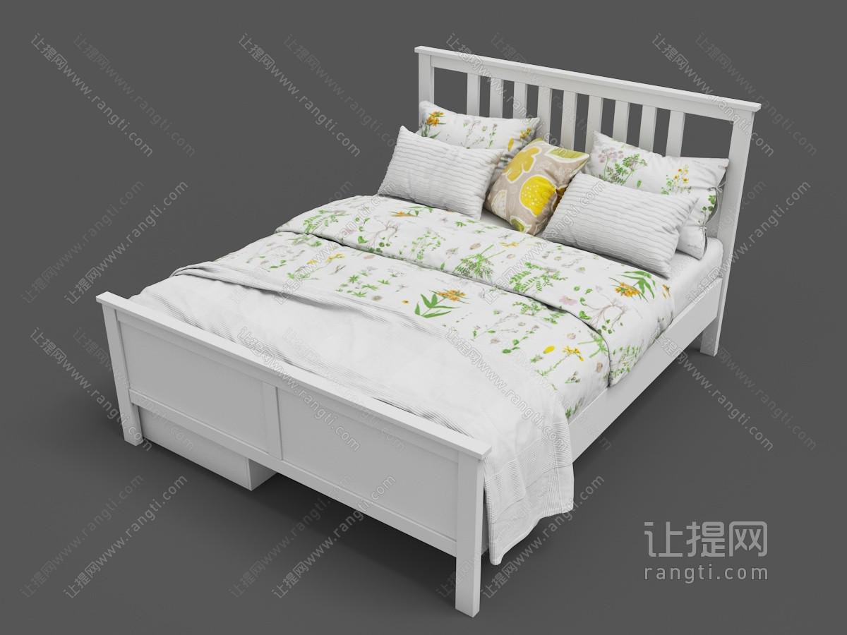 白色实木镂空实木条床头双人床
