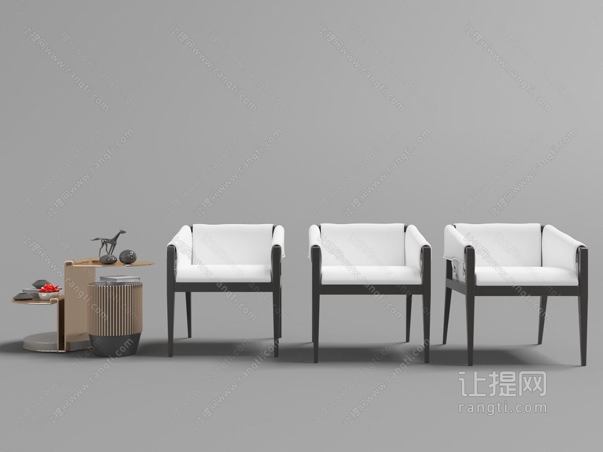 新中式黑色支架白色布艺坐垫扶手的休闲椅