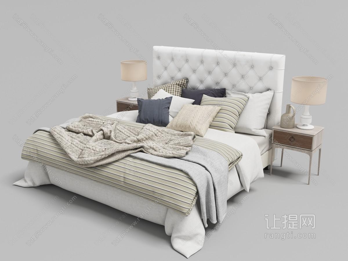 简欧白色菱形软包床头双人床、床头柜和台灯