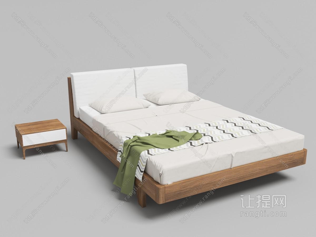 北欧实木支撑带床垫、床头柜的双人床