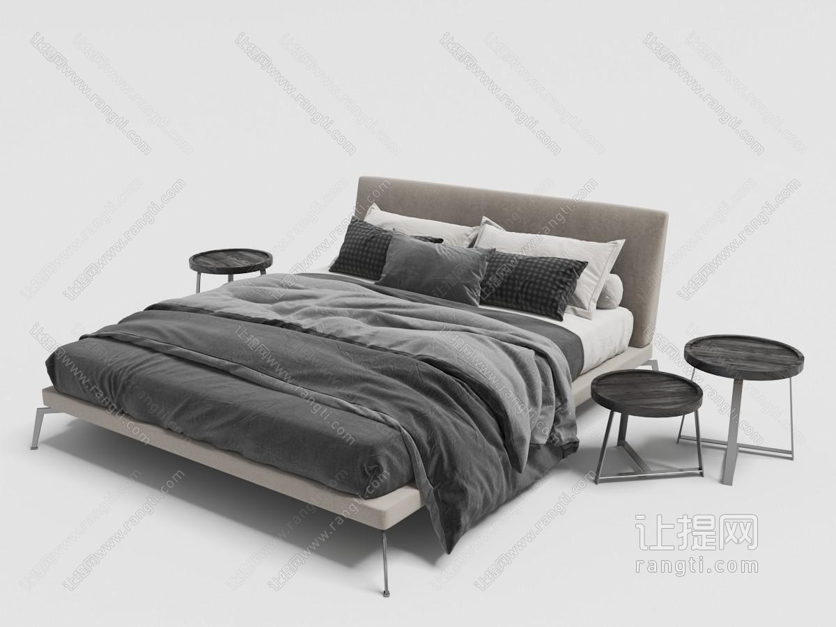 现代金属支架带床垫、布艺床头的双人床