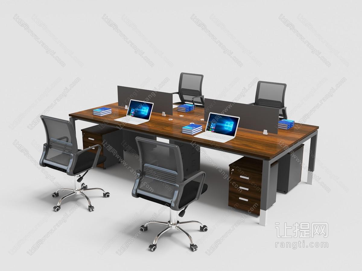 办公室四人双向办公桌椅、笔记本电脑组合