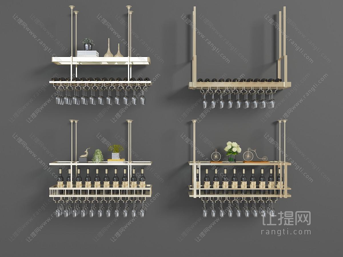 现代固定天花板的金属酒架、杯架