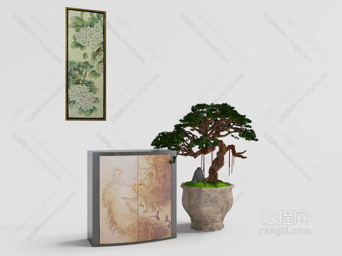 中式带有孔雀图案的装饰柜、松树盆景