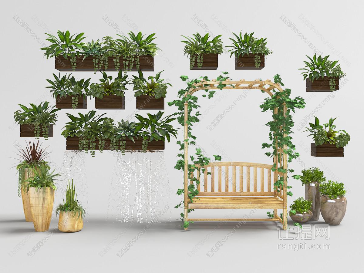 挂在墙面方形实木花盆的植物墙和休闲椅