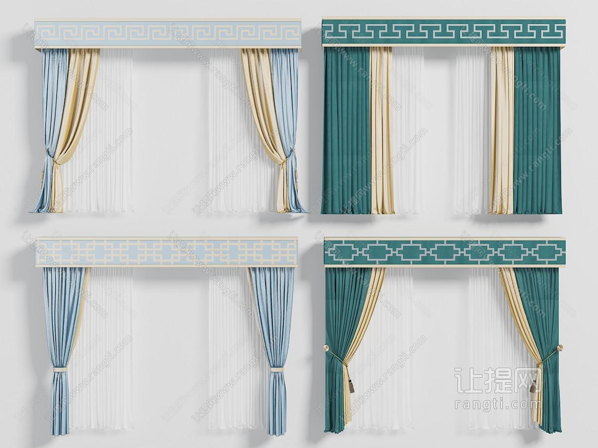 中式元素装饰的双扇窗帘
