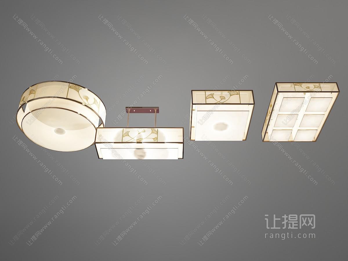 中式方形、圆形装饰银杏叶的吸顶灯