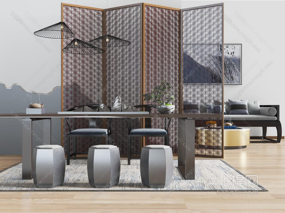中式长方形茶桌、鼓凳和屏风