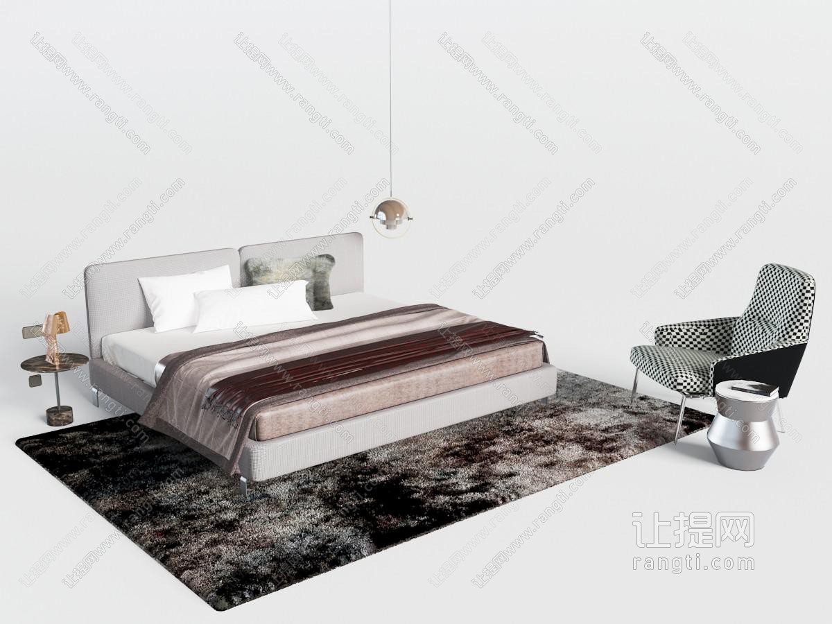 新中式布艺床头双人床、休闲椅组合