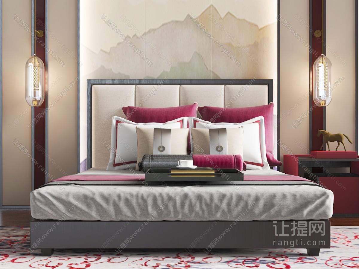 新中式软包床头双人床、床头玻璃壁灯