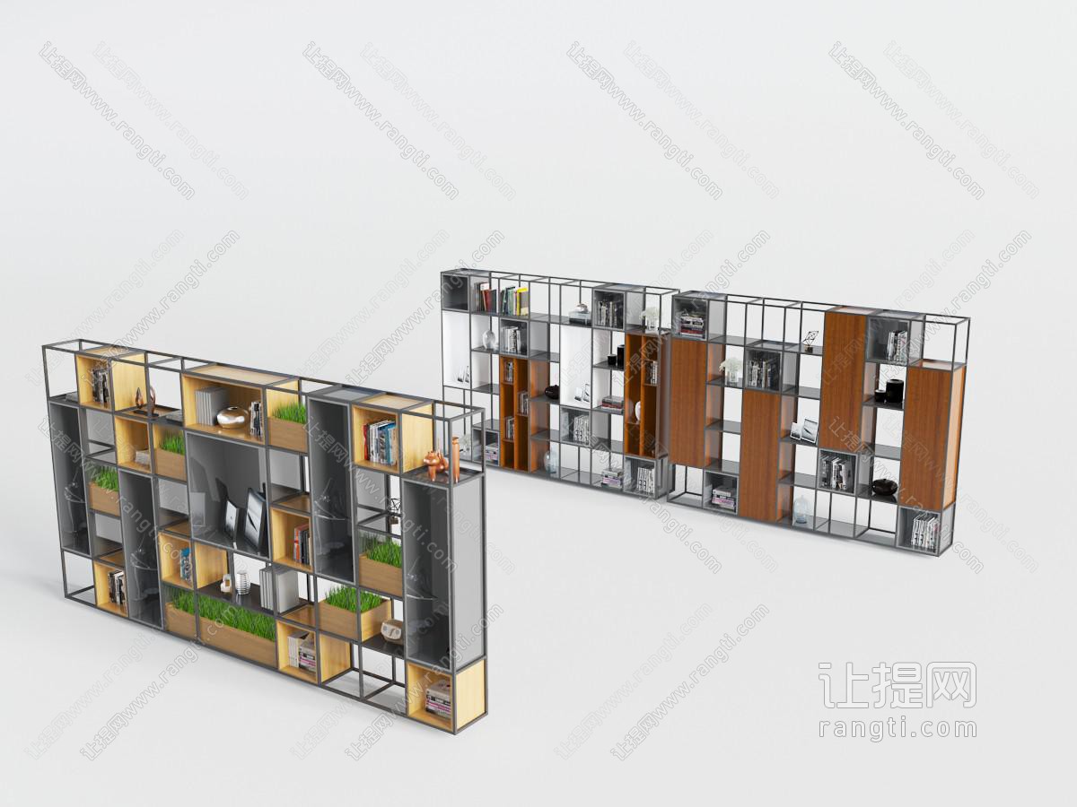 工业风开放式金属装饰柜、植物盆栽