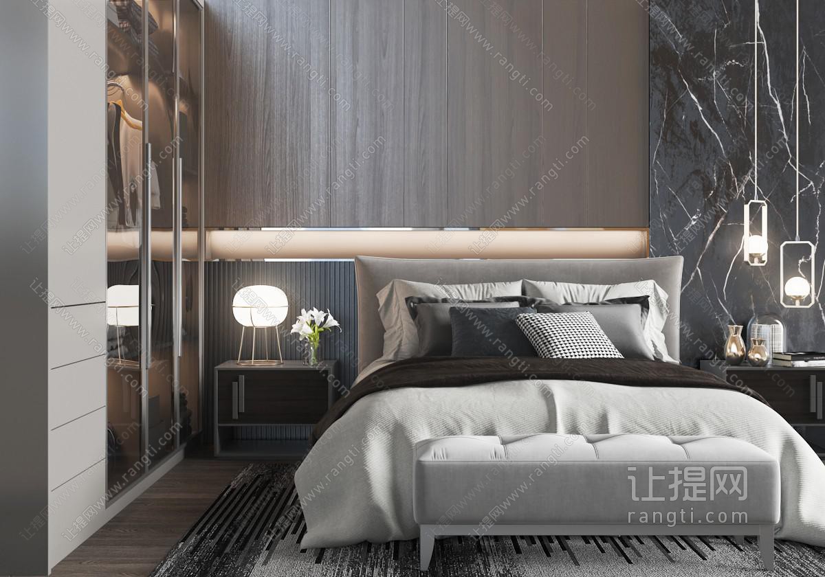 新中式灰白色双人床、床头柜和玻璃柜门衣柜